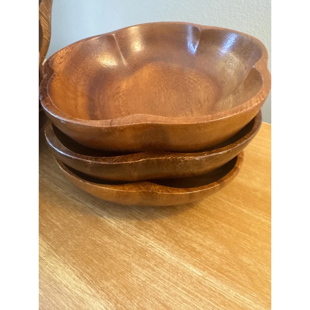 Vintage Monkey Pod 9 pc Salad Bowl Set -6 Bowls,2 Serving Pieces & Large Bowl